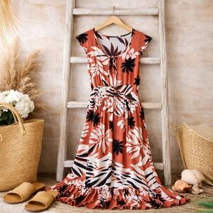 Roxy Time To Skip Midi Dress Auburn Savana Tropical Boho Viscose Sold Out Small